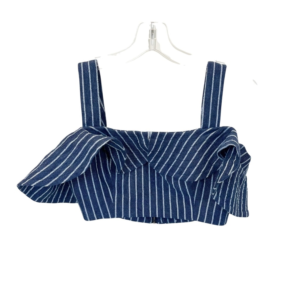 Alexis‎ Benta Cropped Denim Top Blue White Pinstripe Ruffle Linen Blend - SMALL
